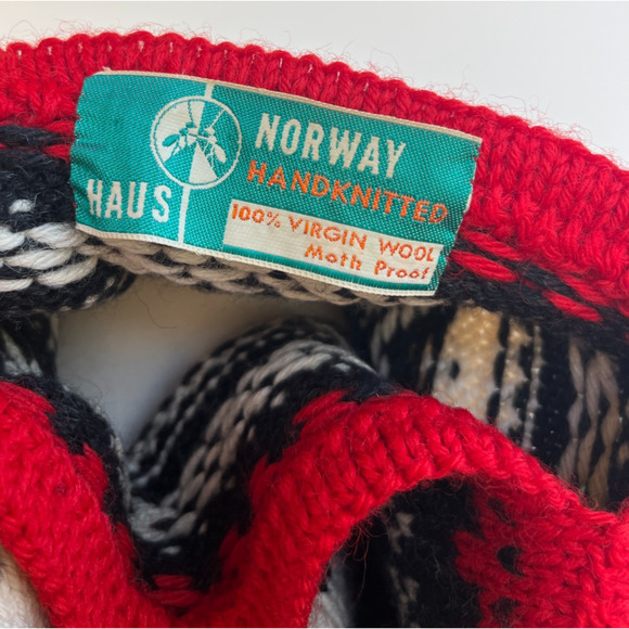 Haus Norway Handknitted 100% Virgin Wool Sweater Charcoal Gray/Black Red sz M - Picture 5 of 5